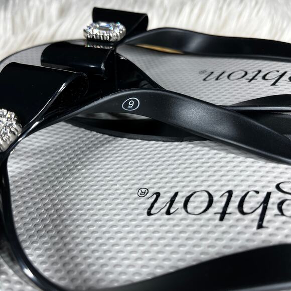 Brighton Bowie Wedge Flip Flops Womens Size 9 Black Bow with Bling Dressy Glam - Picture 7 of 14